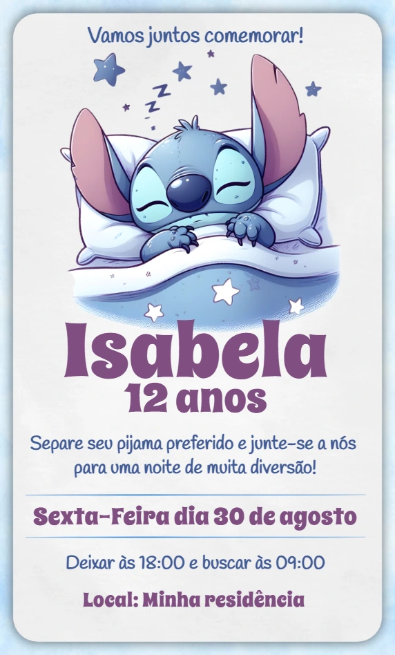 Convite Festa do Pijama Stitch para Editar Online