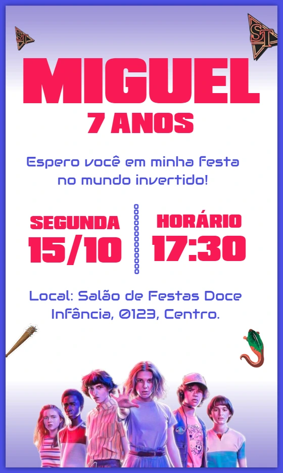 Convite de Aniversário Stranger Things com Personagens para Editar