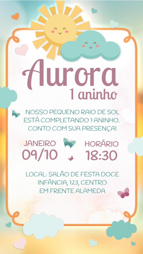 Convite de Aniversário Raio de Sol Sunshine para Editar Online