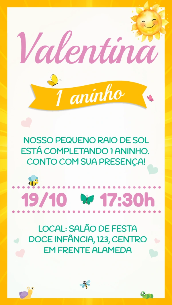 Convite Aniversário Infantil Raio de Sol para Editar Online