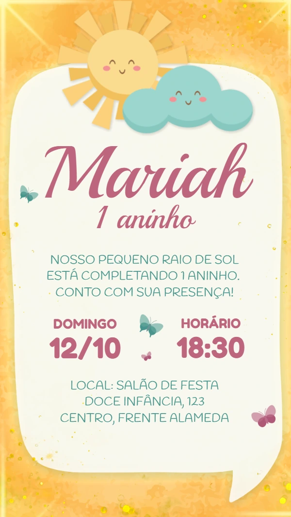 Convite Aniversário Raio de Sol Fofo para Editar Online