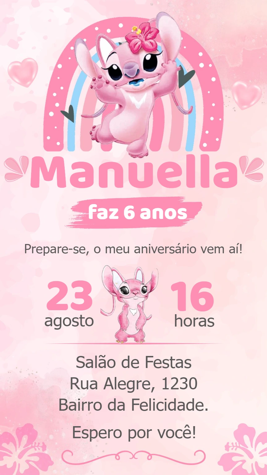 Convite de Aniversário Angel Lilo e Stitch para Editar Online