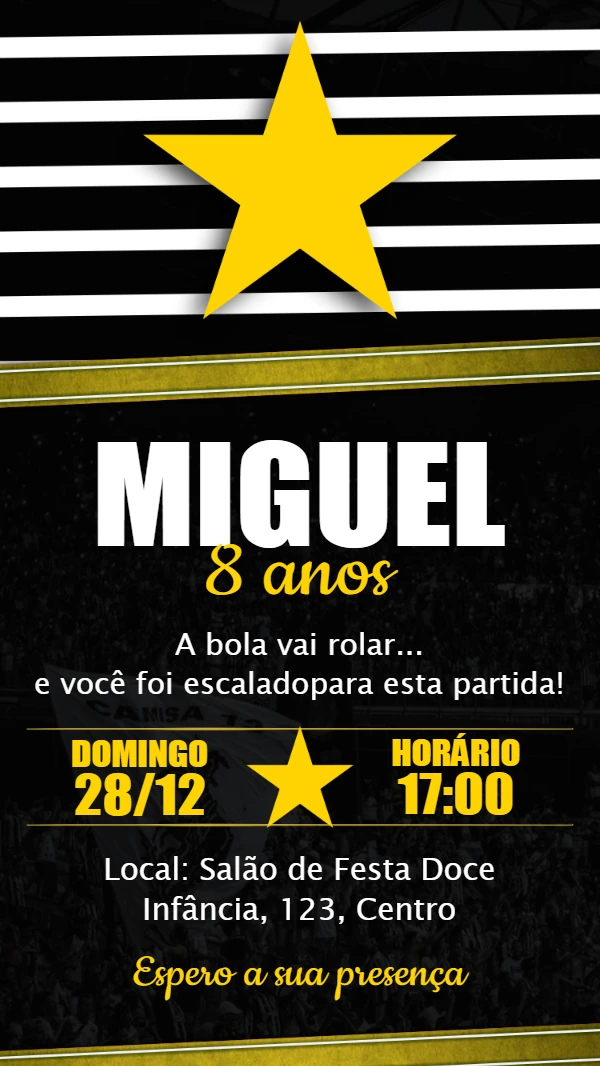 Convite Aniversário Futebol Estrela Dourada para Editar Online