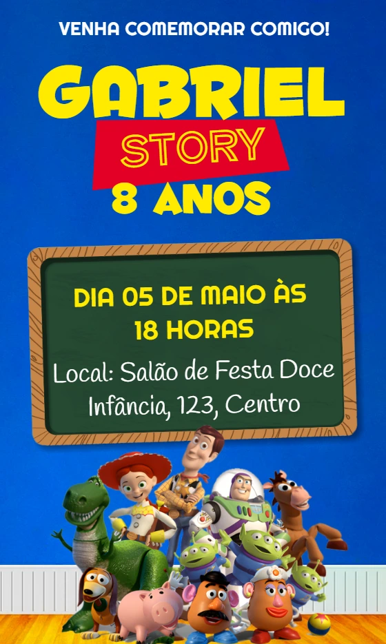Convite Aniversário Toy Story com Personagens para Editar Online
