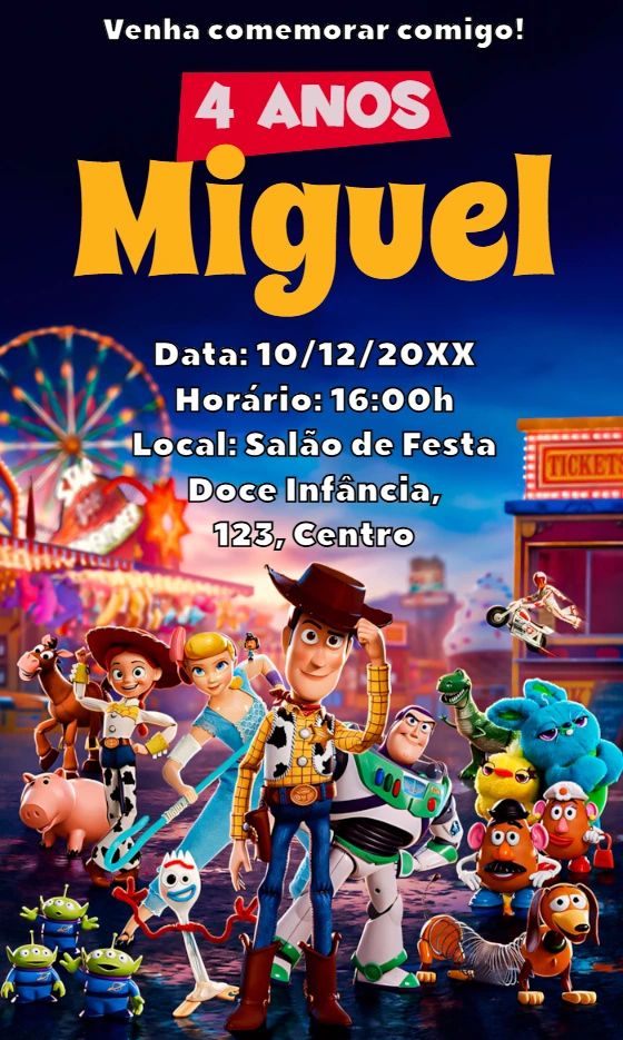 Convite de Aniversário Toy Story com Personagens para Editar