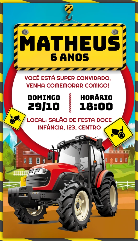 Convite de Aniversário Trator Vermelho para Editar Online