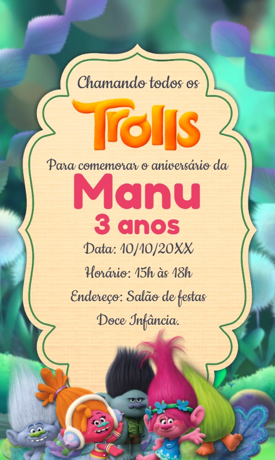 Convite de Aniversário Trolls para Editar Online Grátis