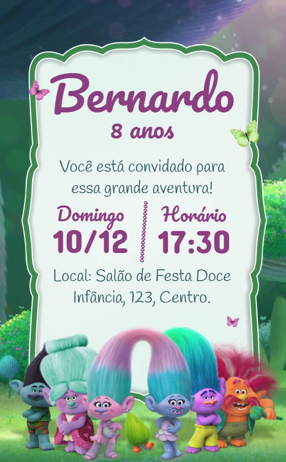 Convite de Aniversário Trolls para Editar e Enviar Online