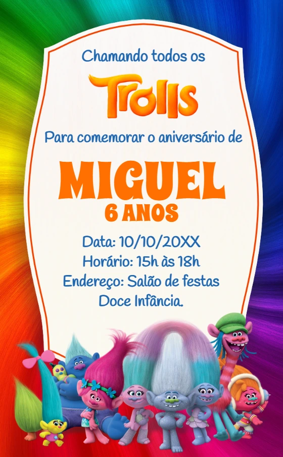 Convite de Aniversário Trolls com Personagens para Editar
