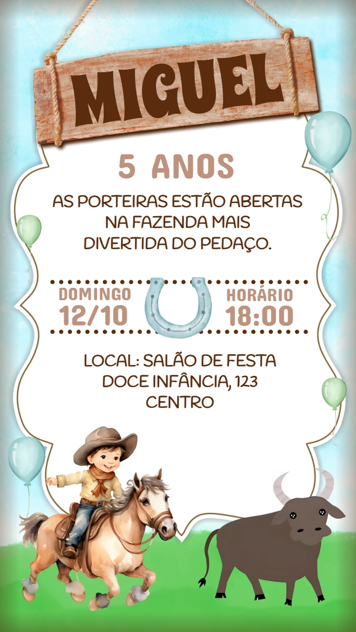 Convite de Aniversário Vaquejada com Cowboy para Editar Online