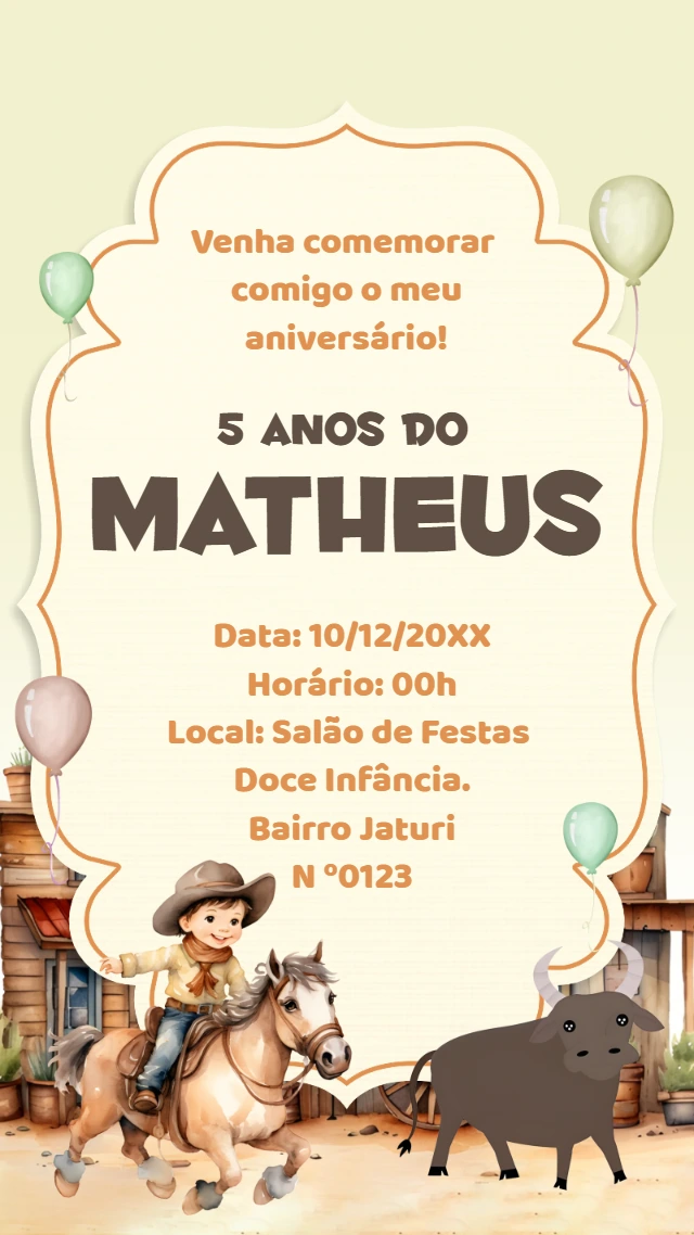 Convite de Aniversário Vaquejada Infantil para Editar Online