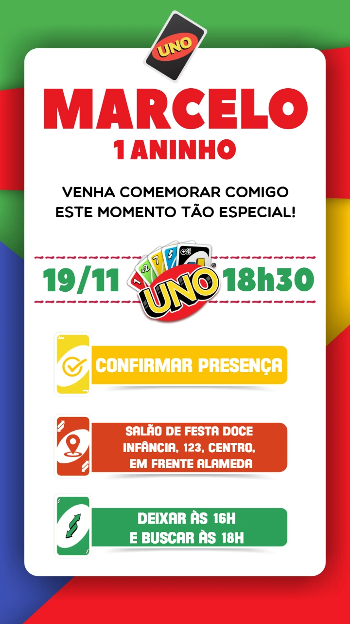 Convite de Aniversário Tema Uno Jogo de Cartas Editável