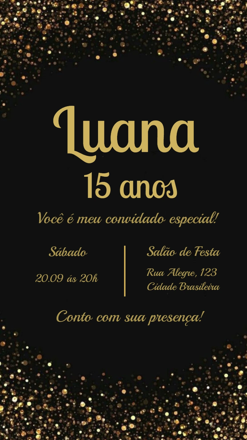 Convite 15 Anos Glitter Dourado e Preto para Editar Online