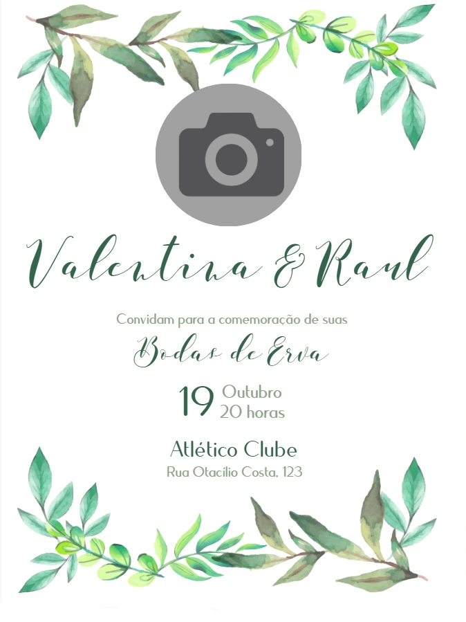 Convite Bodas de Erva com Foto e Folhagens para Editar