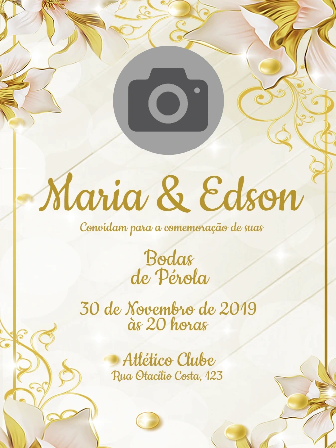 Convite Bodas de Pérola Floral Dourado com Foto para Editar