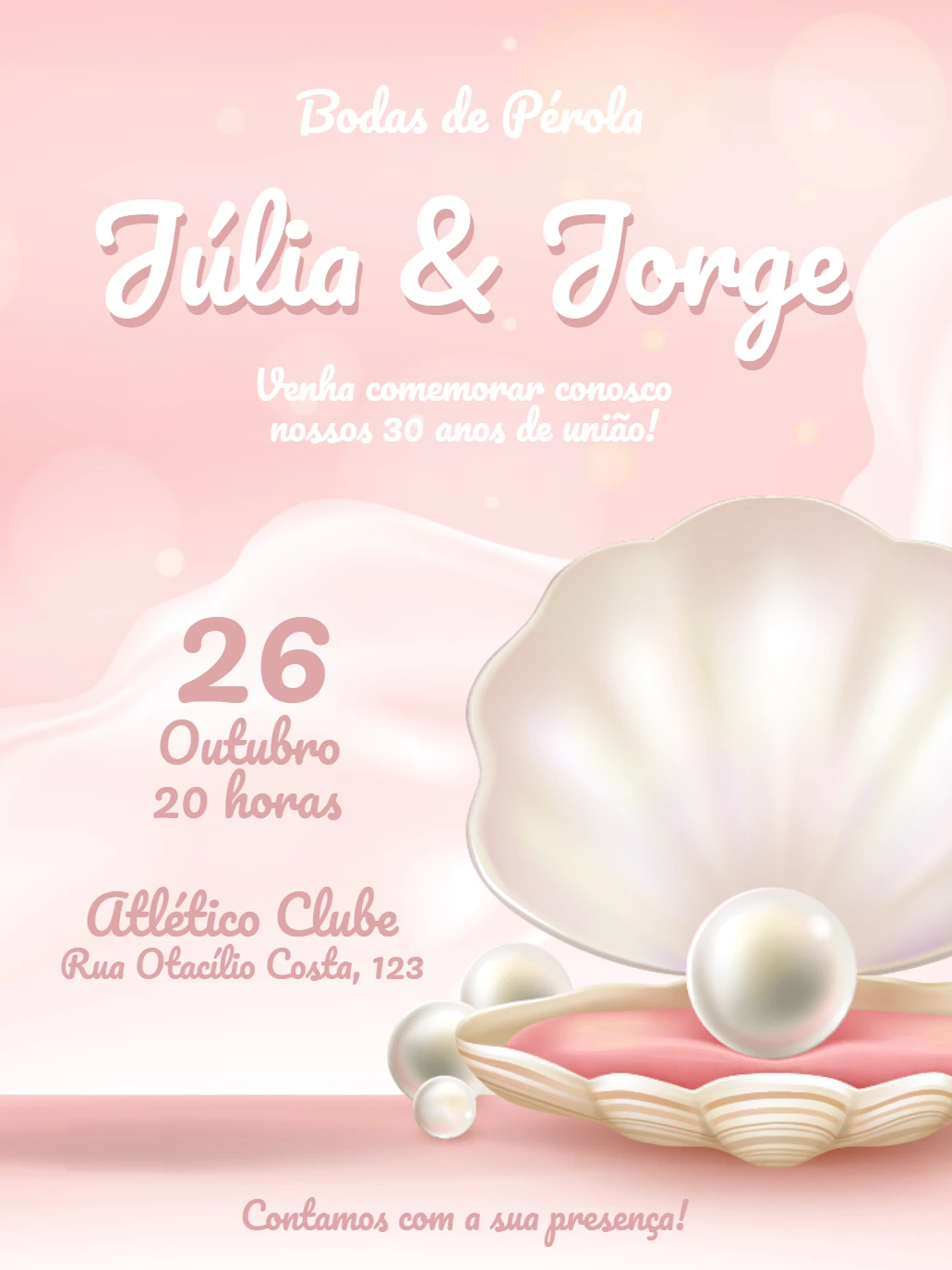 Convite Bodas de Pérola com Concha para Editar Online