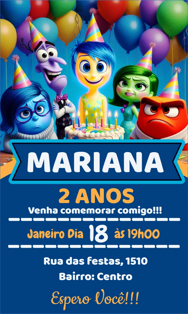 Convite Aniversário Divertida Mente com Personagens para Editar