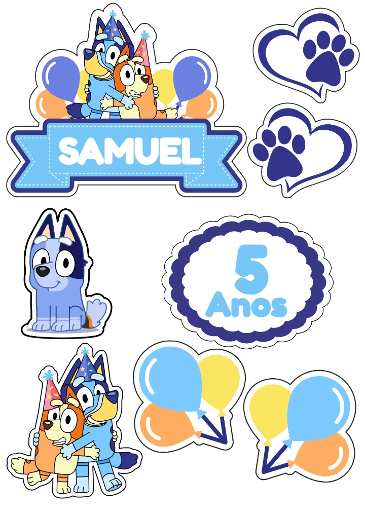 Topo de Bolo Bluey e Bingo para Aniversário para Editar Online