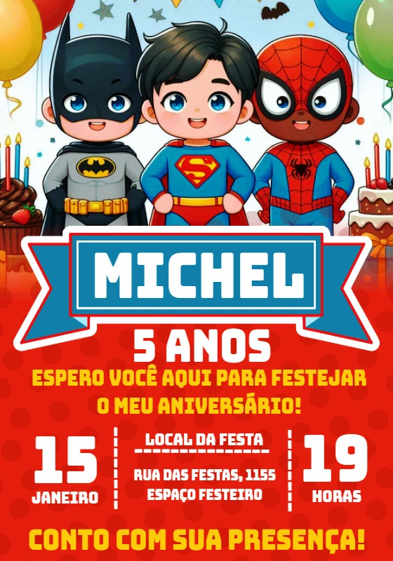 Convite de Aniversário Super Heróis para Editar Online