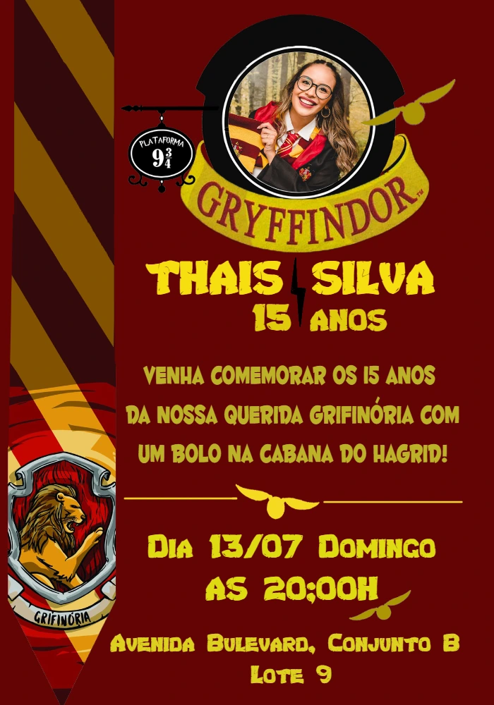 Convite Aniversário Harry Potter Grifinória com Foto para Editar