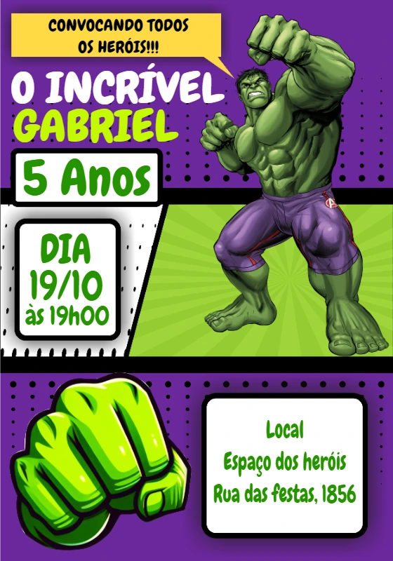 Convite de Aniversário Hulk Editável para Enviar Online