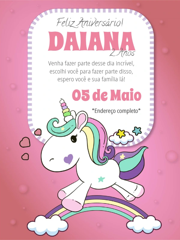 Convite de Aniversário Unicórnio Fofo para Editar Online