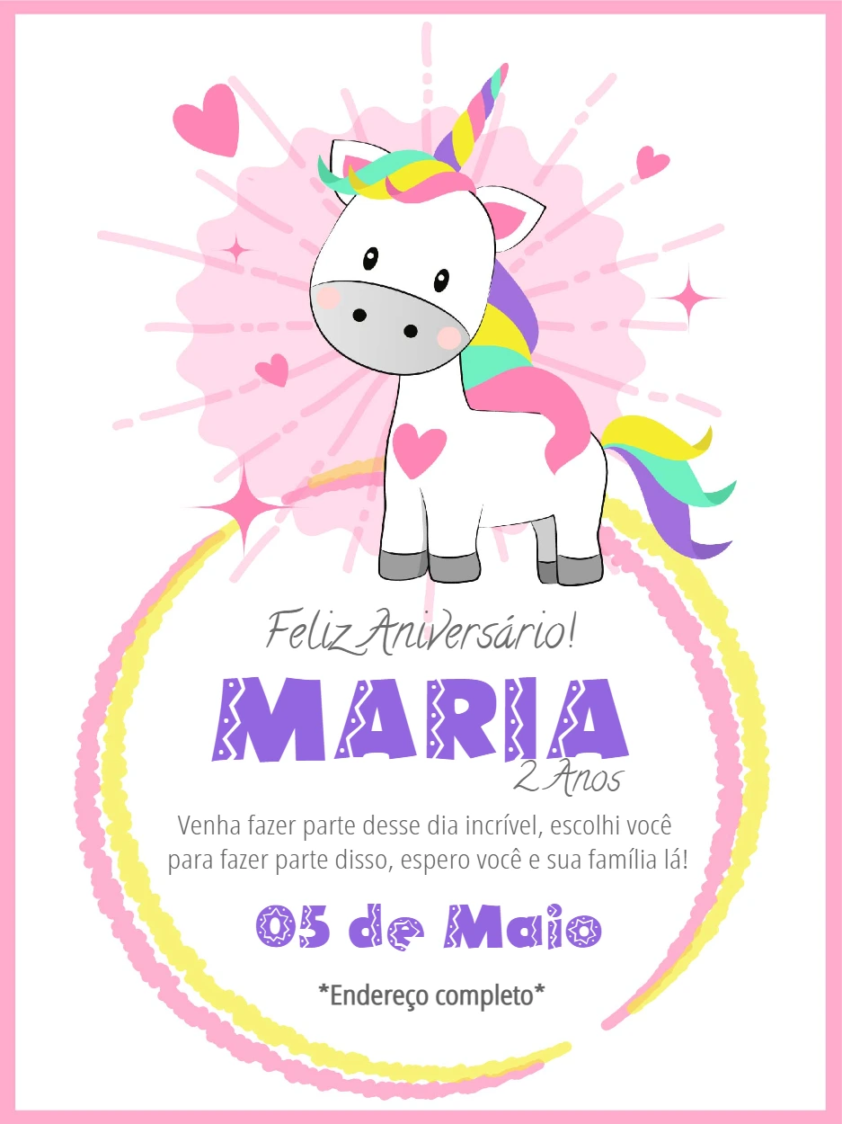 Convite de Aniversário Unicórnio Fofo para Editar Online