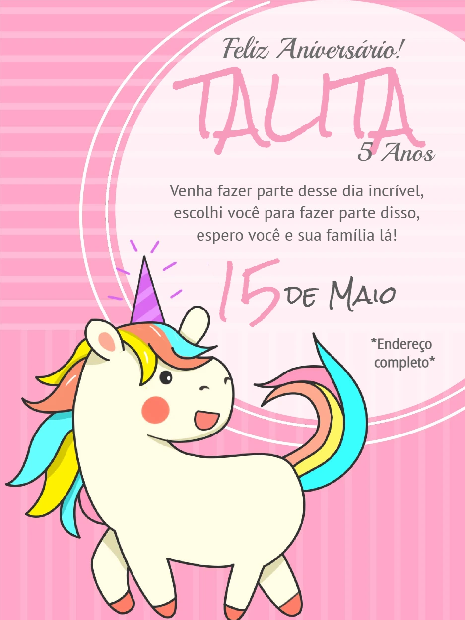 Convite de Aniversário Unicórnio Rosa para Editar Online