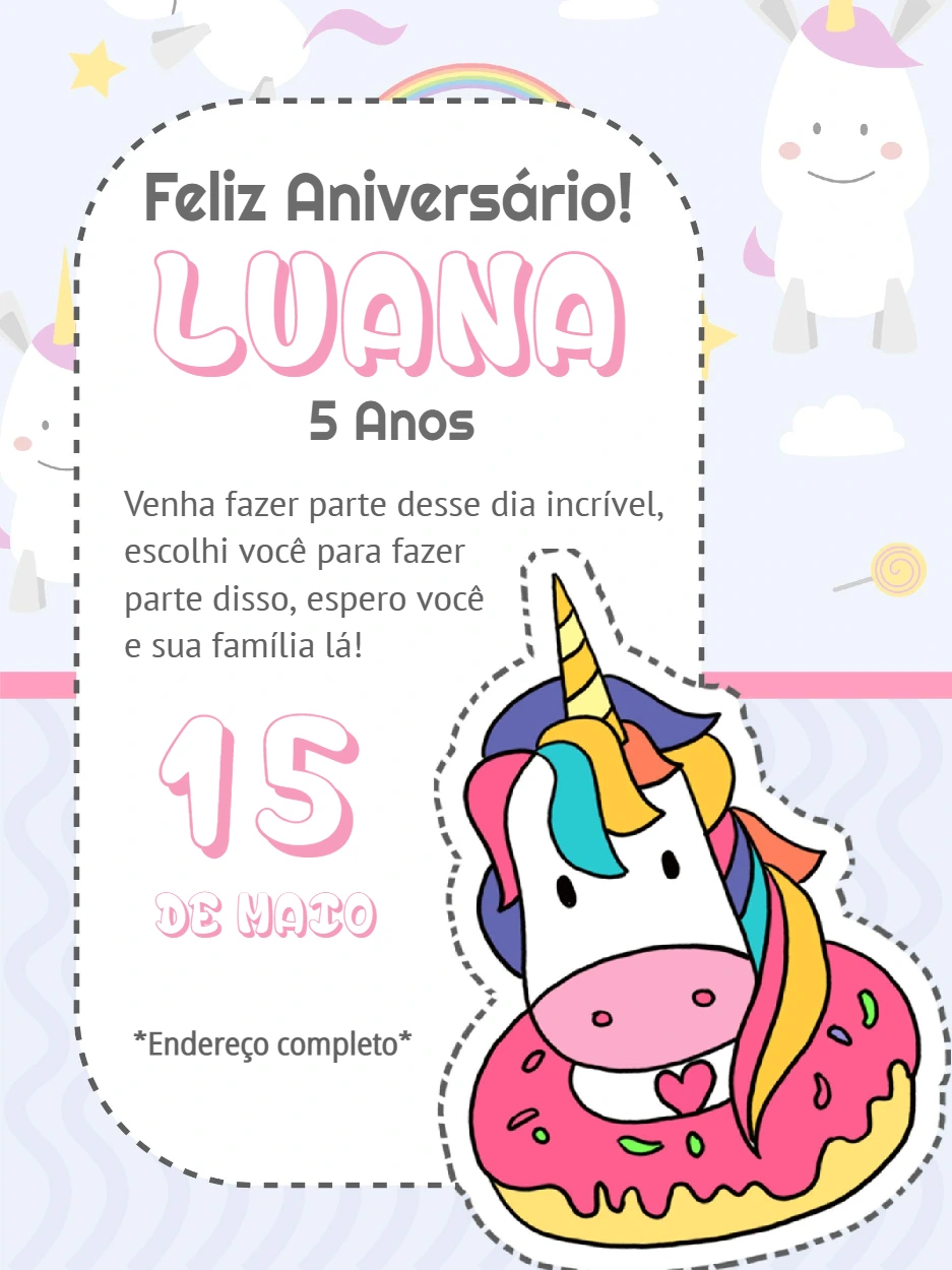 Convite de Aniversário Unicórnio Fofo para Editar Online