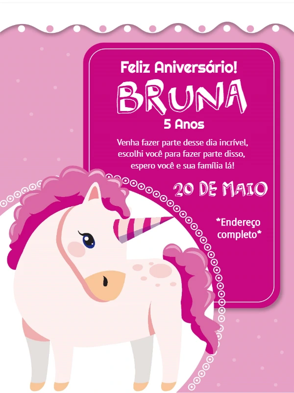 Convite de Aniversário Unicórnio Rosa para Editar Online