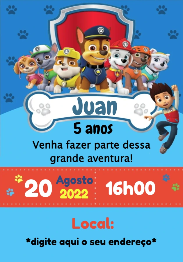 Convite de Aniversário Patrulha Canina para Editar Online