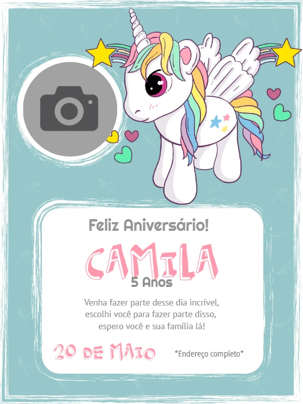 Convite de Aniversário Unicórnio com Foto para Editar