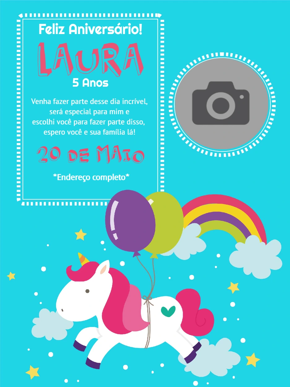 Convite de Aniversário Unicórnio com Foto para Editar Online