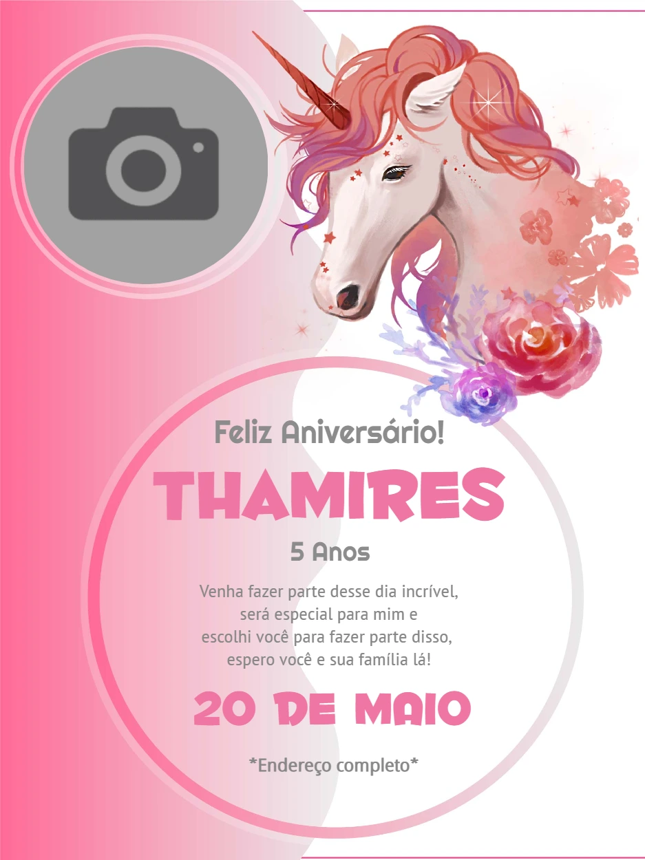 Convite Aniversário Unicórnio com Foto para Editar Online