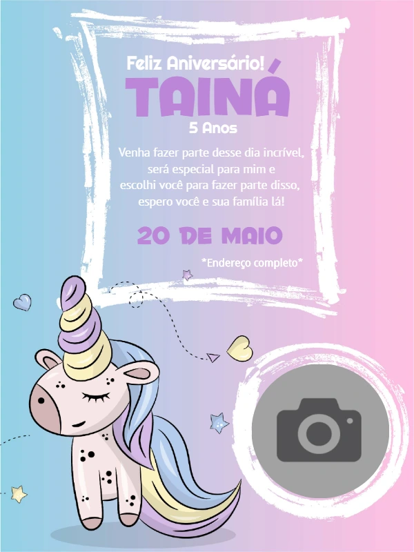 Convite Aniversário Unicórnio com Foto para Editar Online