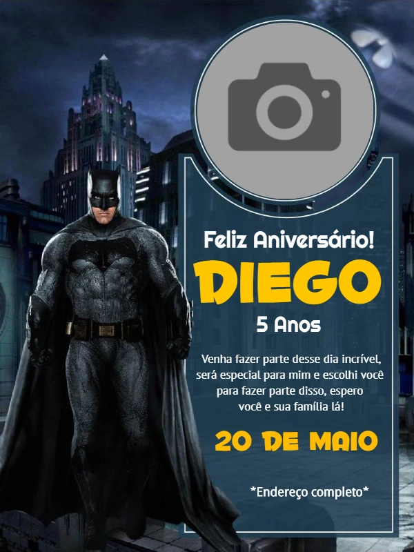 Convite de Aniversário Batman com Foto para Editar Online