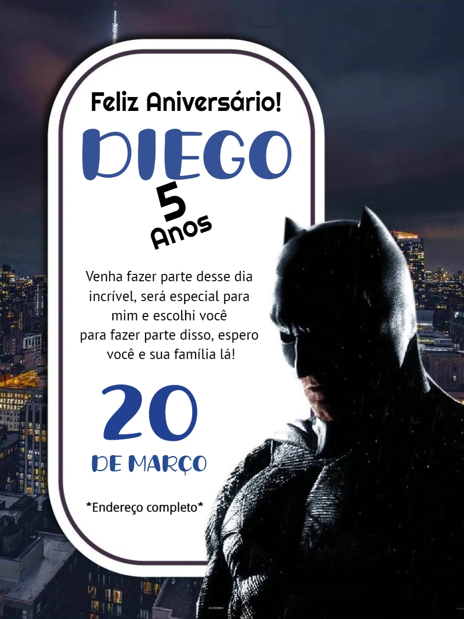 Convite de Aniversário Batman Editável para Enviar Online