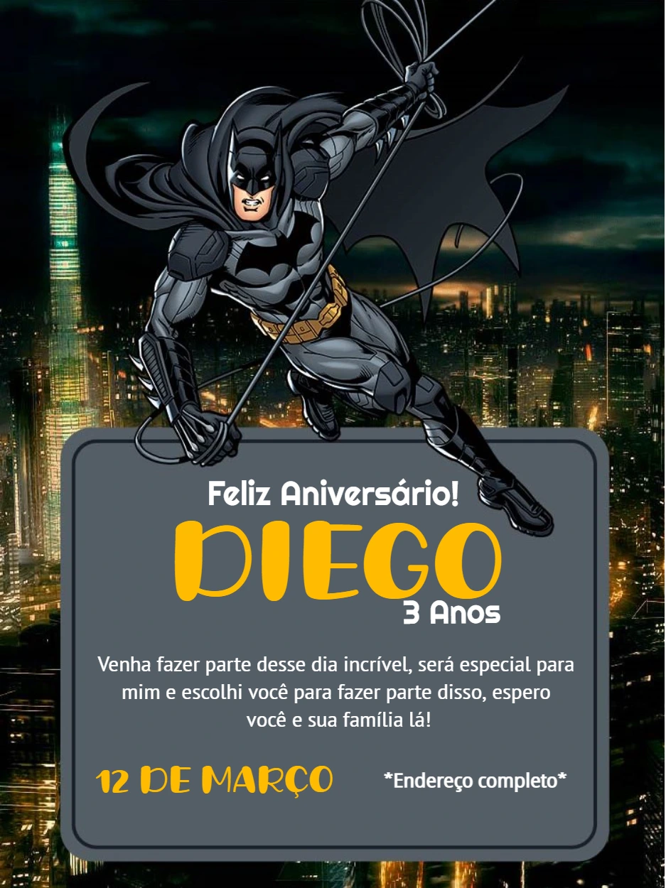 Convite de Aniversário Batman: Edite Online e Imprima