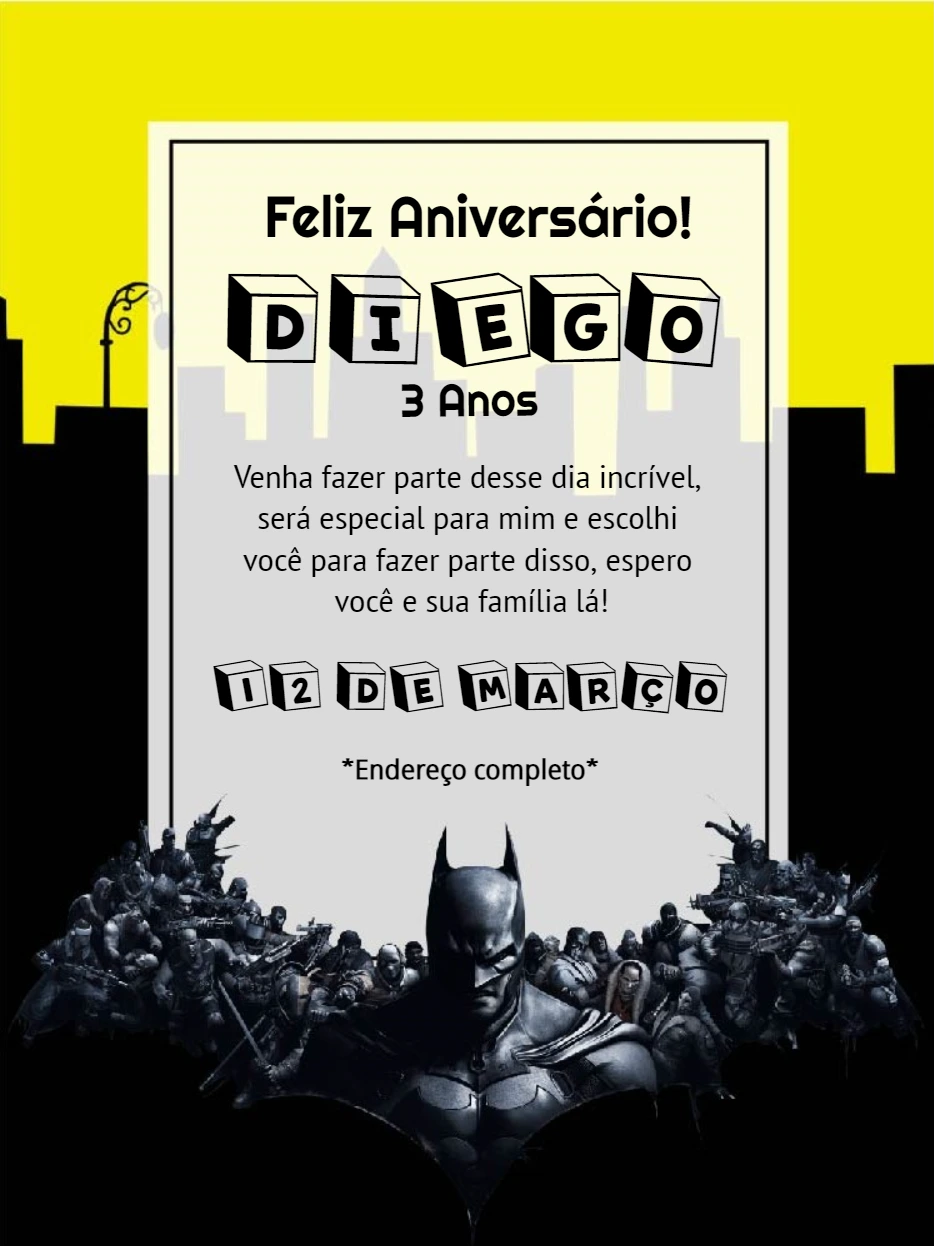 Convite de Aniversário Batman com Super-Herói para Editar Online