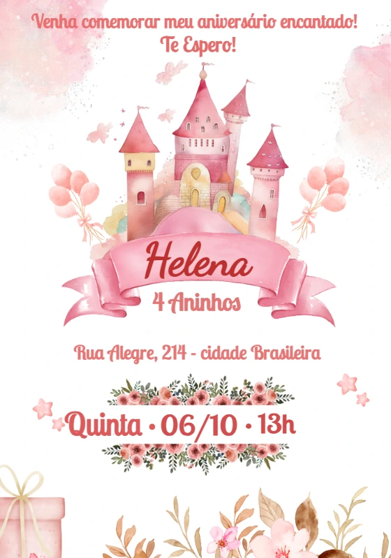 Convite Aniversário Castelo Princesa para Editar Online