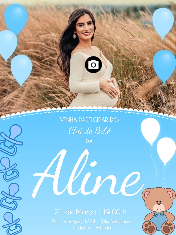 Convite Chá de Bebê Menino com Foto para Editar Online