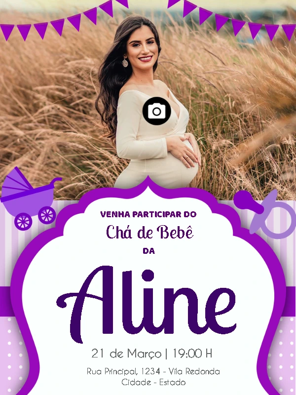 Convite de Chá de Bebê Roxo com Foto para Editar Online