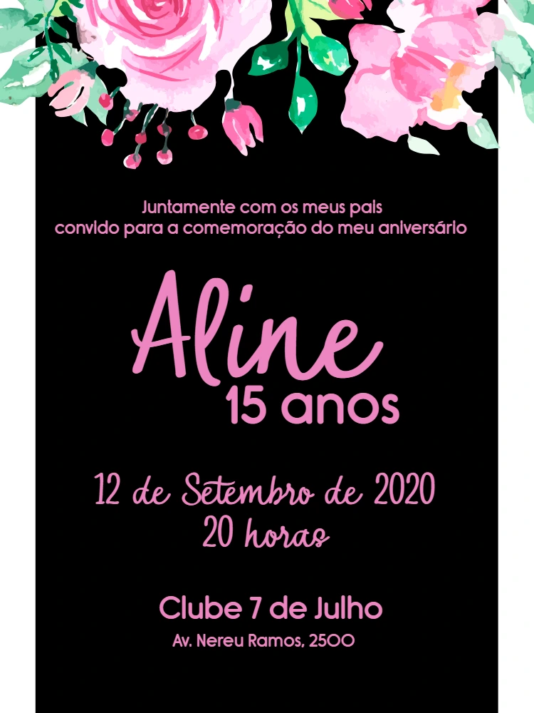 Convite de 15 Anos Floral Rosa e Preto para Editar Online