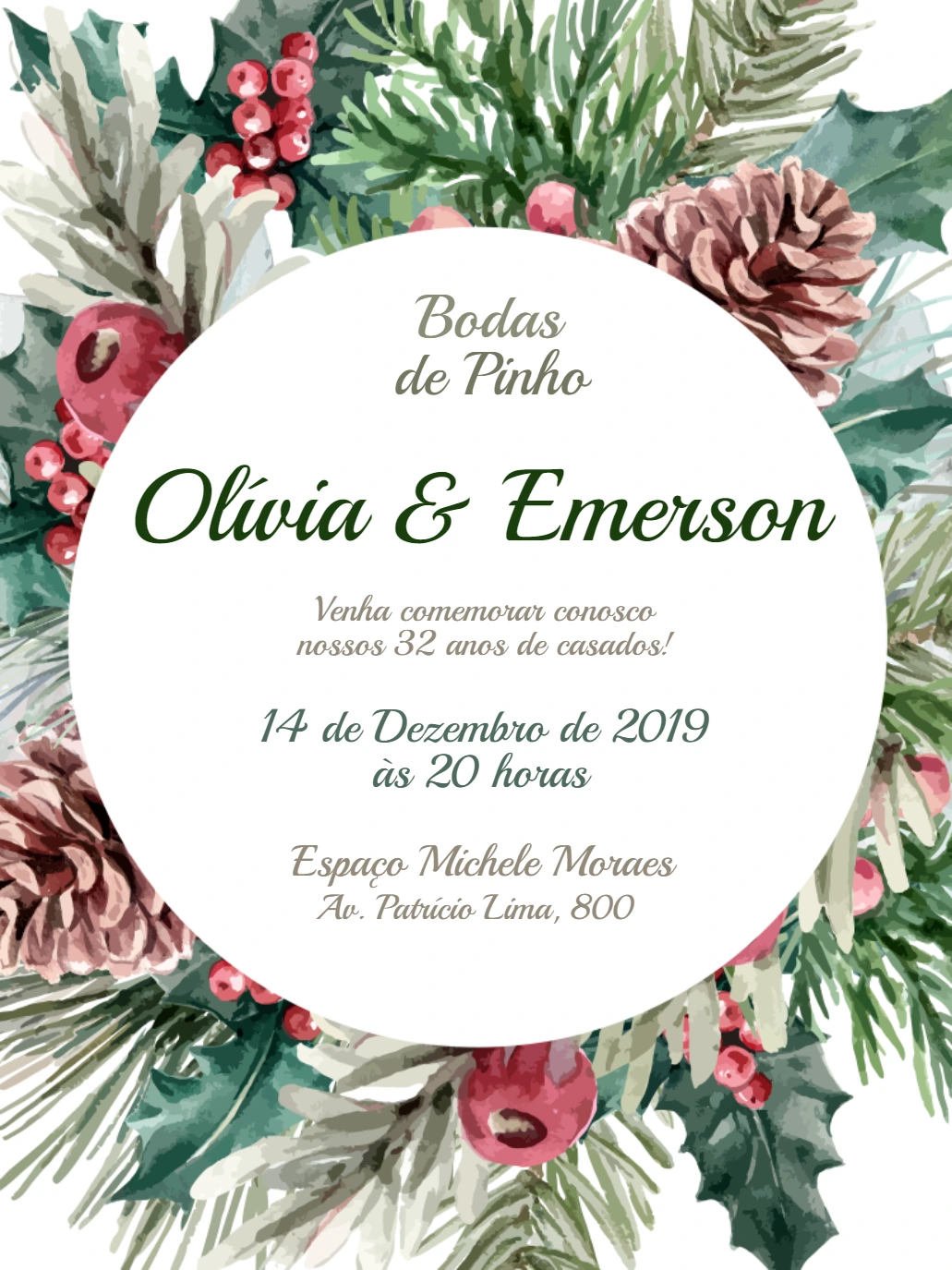 Convite Bodas de Pinho Aquarela Floral para Editar Online