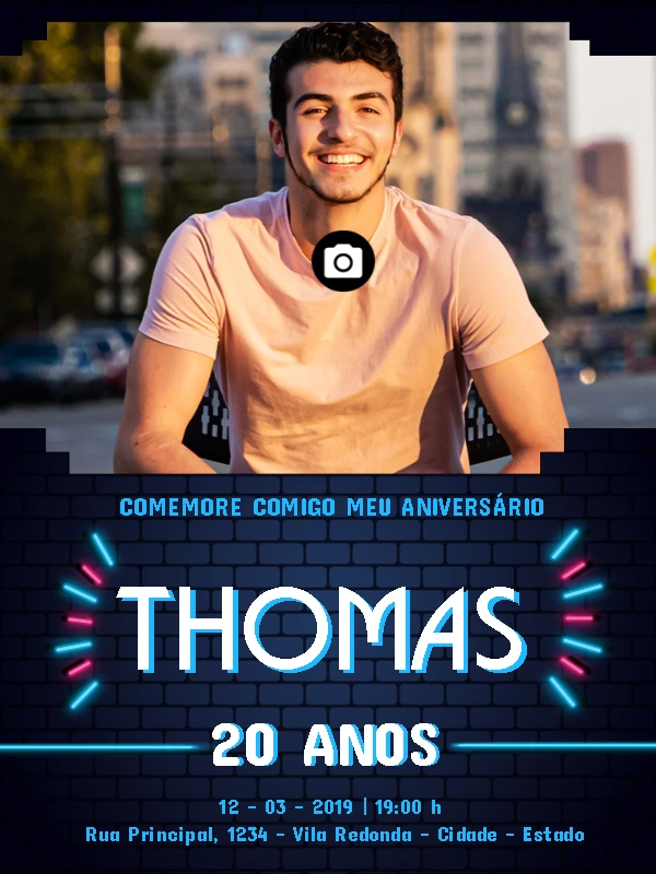 Convite de Aniversário Masculino com Foto Neon para Editar