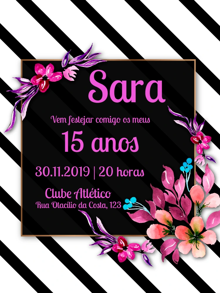 Convite 15 Anos Floral Listrado para Editar Online