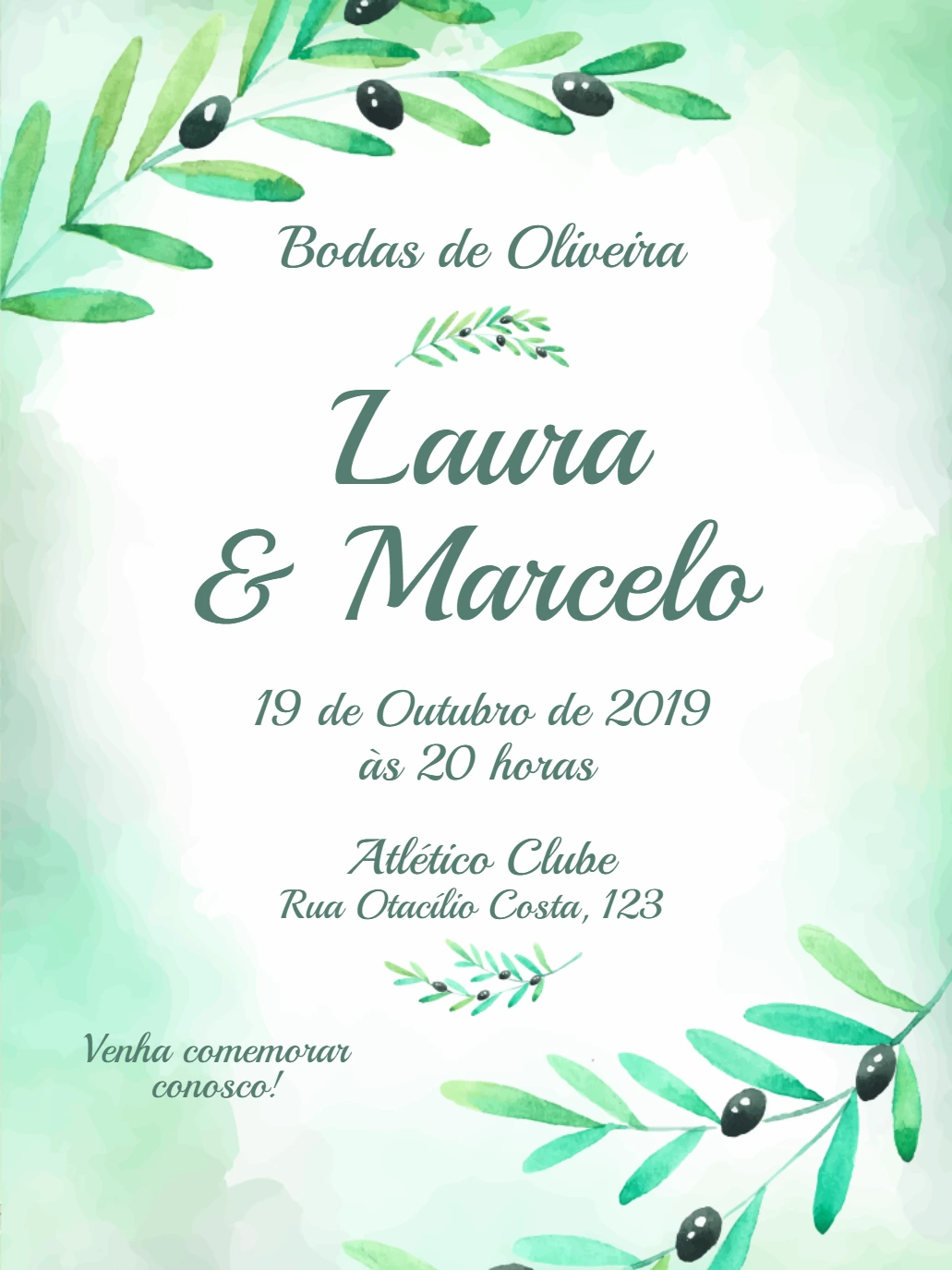 Convite Bodas de Oliveira Aquarela para Editar Online