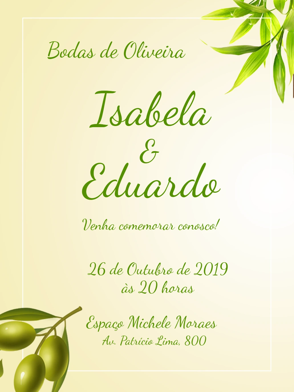 Convite Bodas de Oliveira com Ramos Elegantes para Editar
