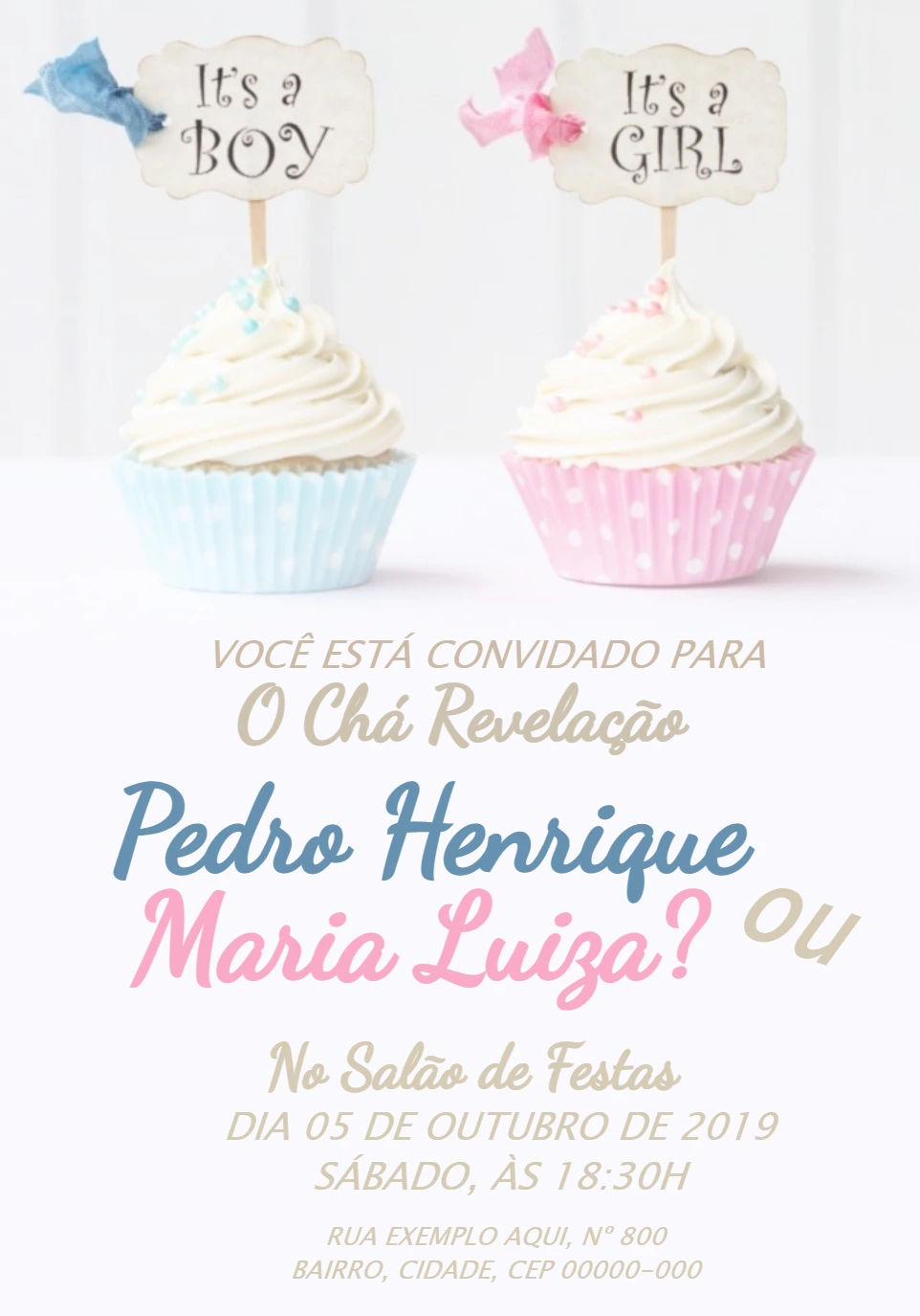 Convite Chá Revelação Cupcakes Azul e Rosa para Editar Online