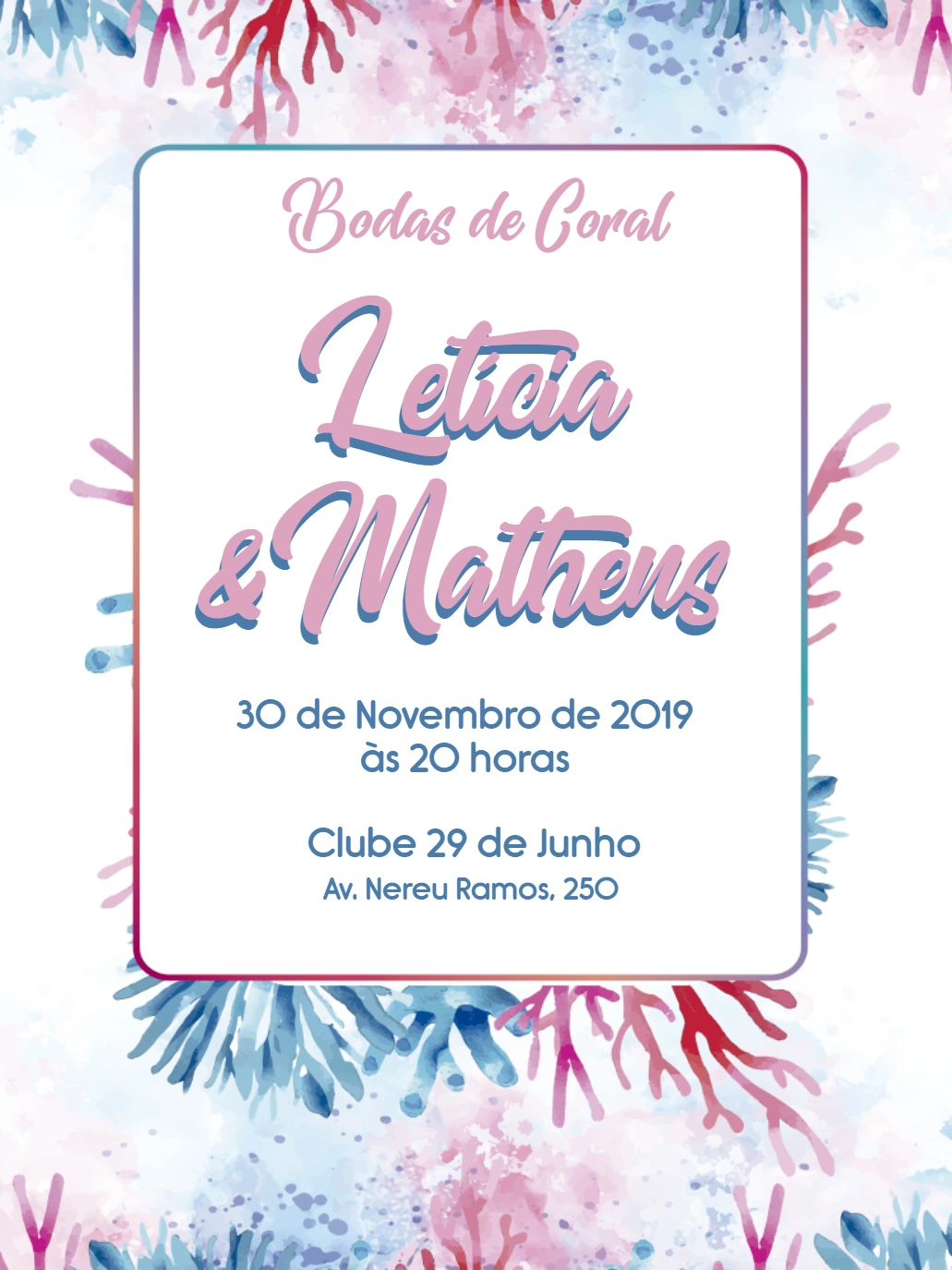 Convite Bodas de Coral Aquarela para Editar Online